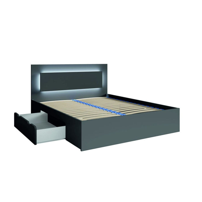 Set camera NOFI - Letto 160x200 cm con doghe, 2 cassetti, comodini, armadio e cassettiera - grigio grafite.