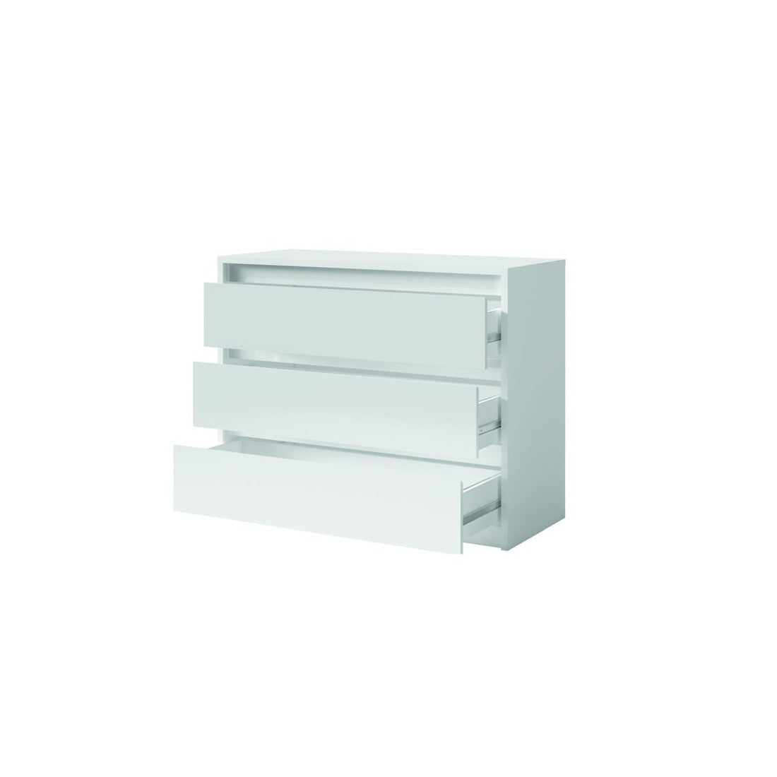 Set camera VERONA: Letto contenitore 160x200 cm, cassettiera 3 cassetti, comodini, armadio 4 porte, bianco lucido.