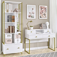 Set di 2 mobili da ufficio. Consolle e scaffale collezione DOUGLAS colore bianco e dorato.