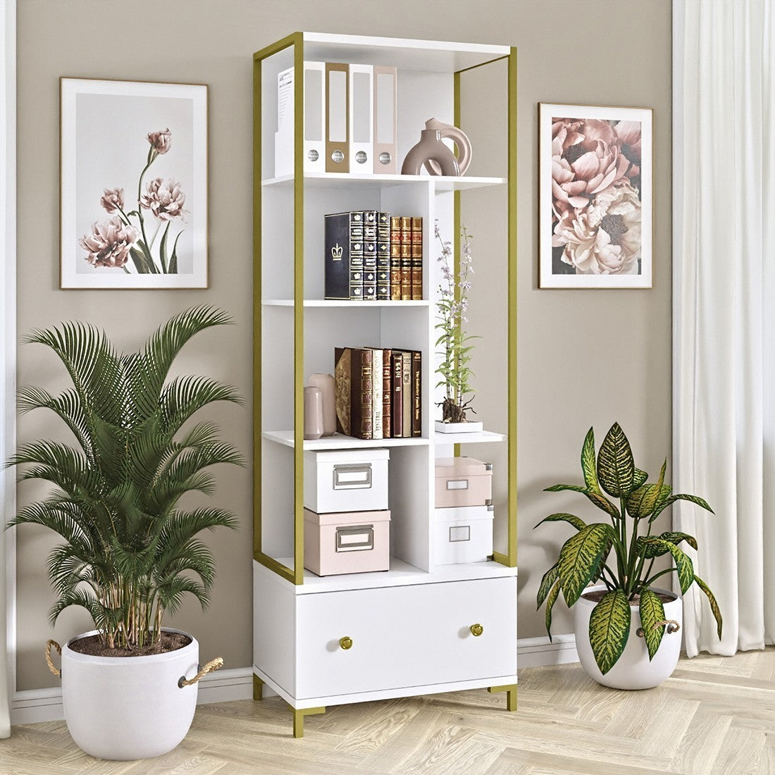 Set di 2 mobili da ufficio. Consolle e scaffale collezione DOUGLAS colore bianco e dorato.