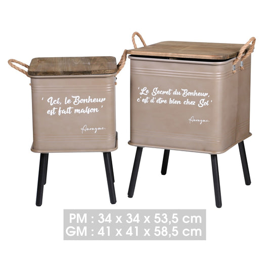 Set di 2 tavoli beige in metallo stile industriale con maniglia in corda. Collezione HAPPINESS