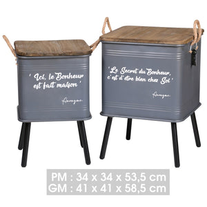 Set di 2 tavoli grigi in metallo stile industriale con manico in corda. Collezione HAPPINESS