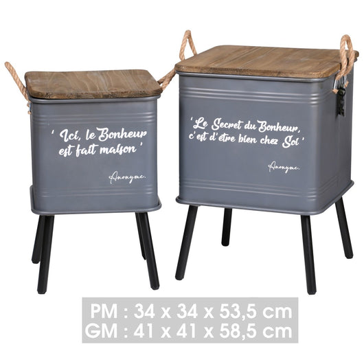 Set di 2 tavoli grigi in metallo stile industriale con manico in corda. Collezione HAPPINESS