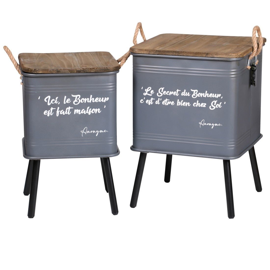 Set di 2 tavoli grigi in metallo stile industriale con manico in corda. Collezione HAPPINESS