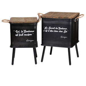 Set di 2 tavoli neri in metallo stile industriale con maniglia in corda. Collezione HAPPINESS