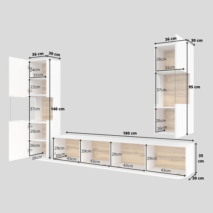 Set di 3 mobili da salotto collezione EVA. Colore bianco e rovere.