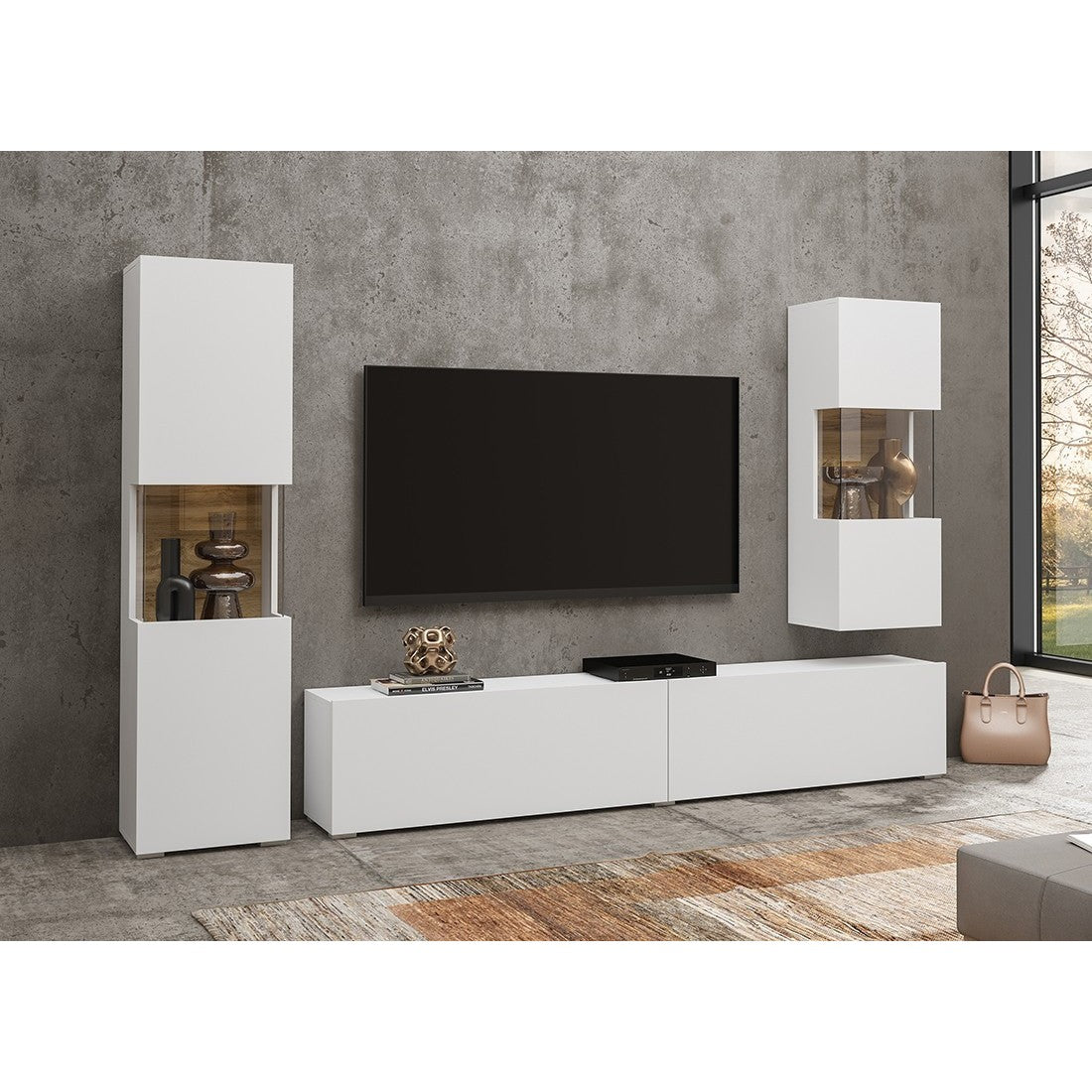 Set di 3 mobili da salotto collezione EVA. Colore bianco e rovere.