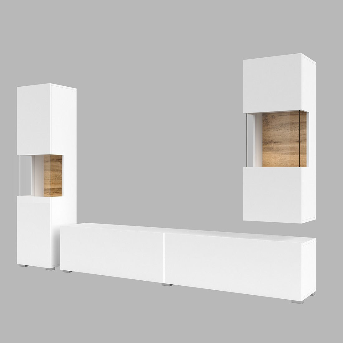 Set di 3 mobili da salotto collezione EVA. Colore bianco e rovere.