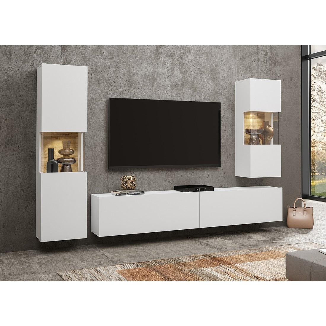 Set di 3 mobili da salotto collezione EVA. Colore bianco e rovere.