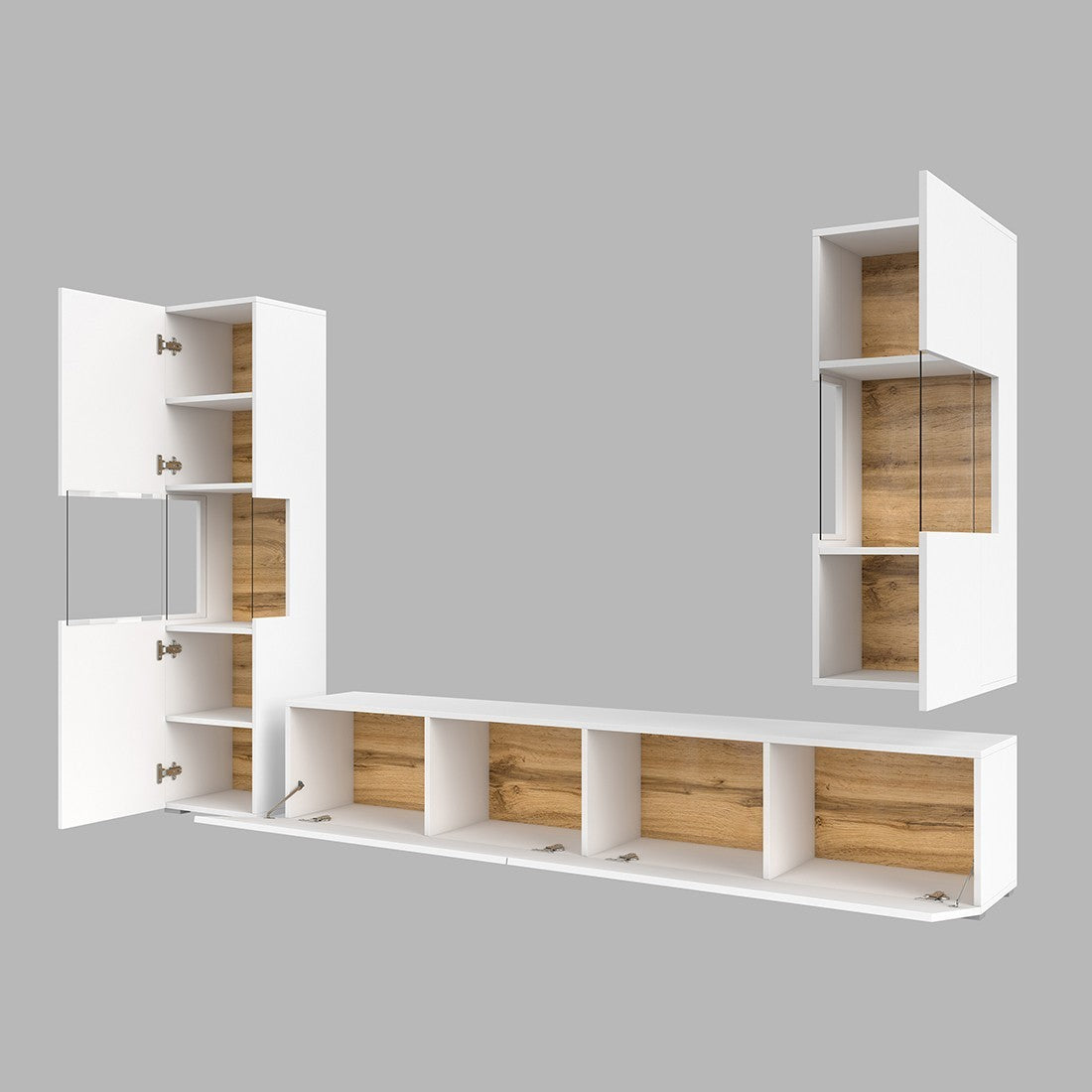 Set di 3 mobili da salotto collezione EVA. Colore bianco e rovere.