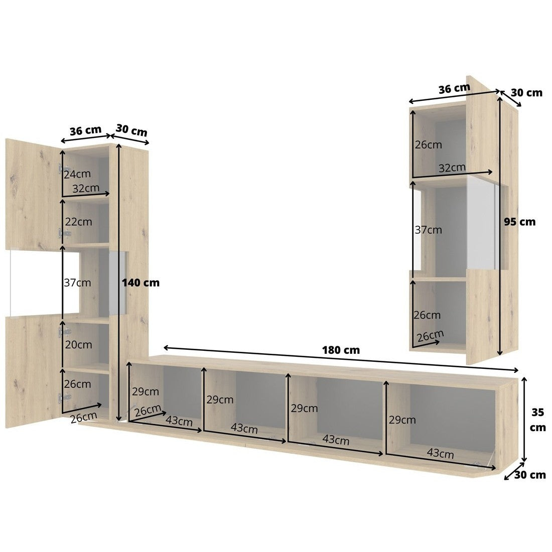 Set di 3 mobili da soggiorno collezione EVA. Colore quercia e nero.