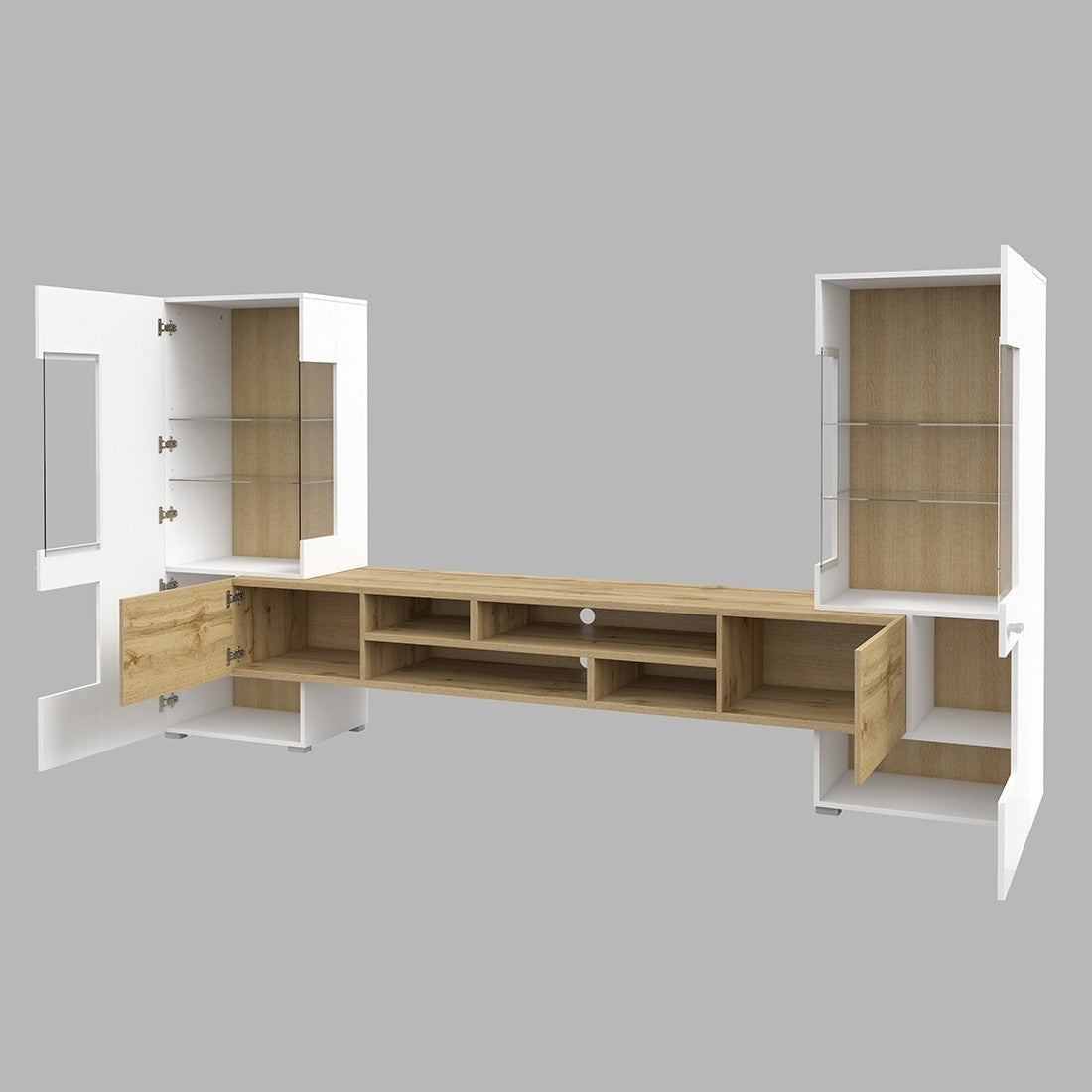 Set di 3 mobili da soggiorno collezione KOBEE. Colore bianco e rovere.