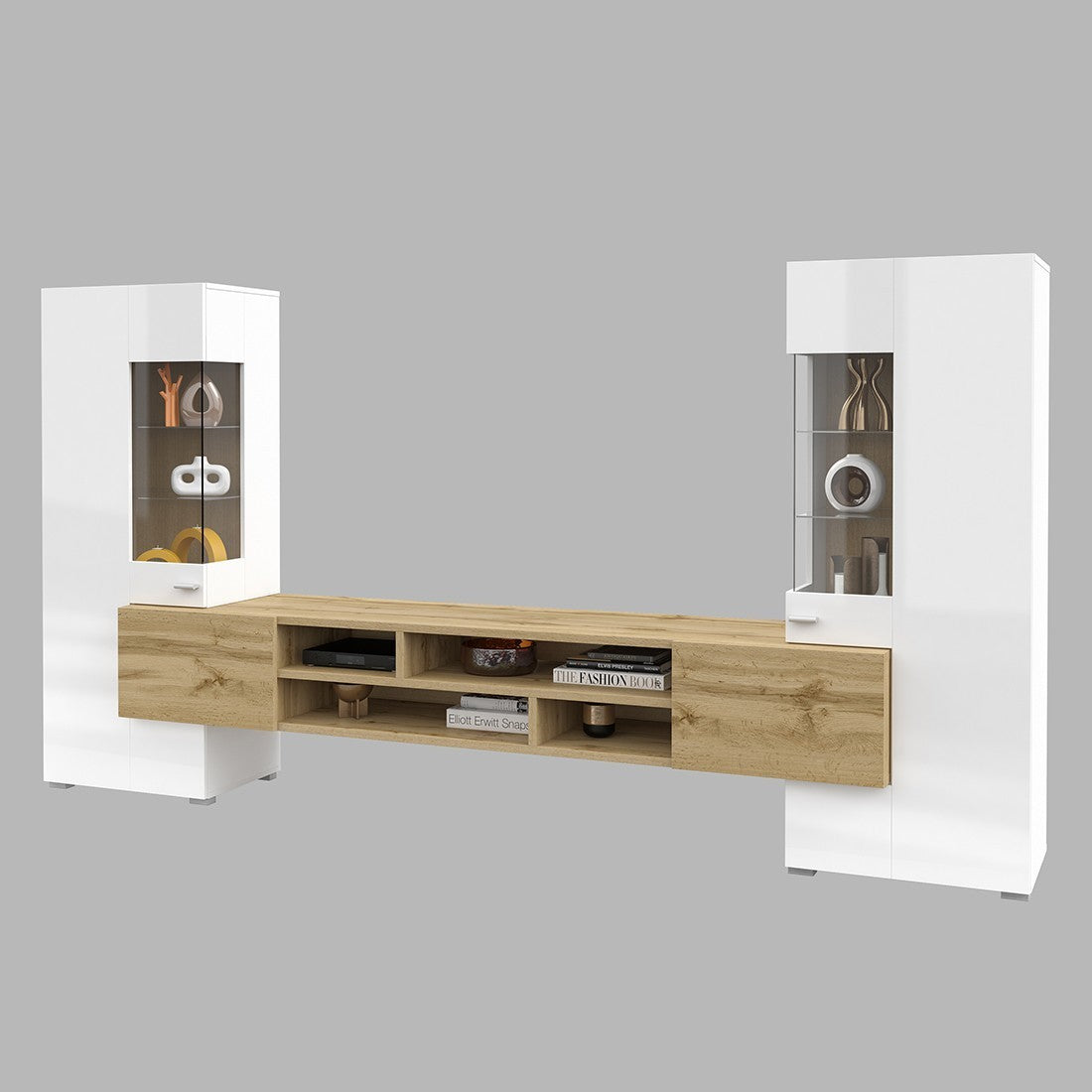 Set di 3 mobili da soggiorno collezione KOBEE. Colore bianco e rovere.