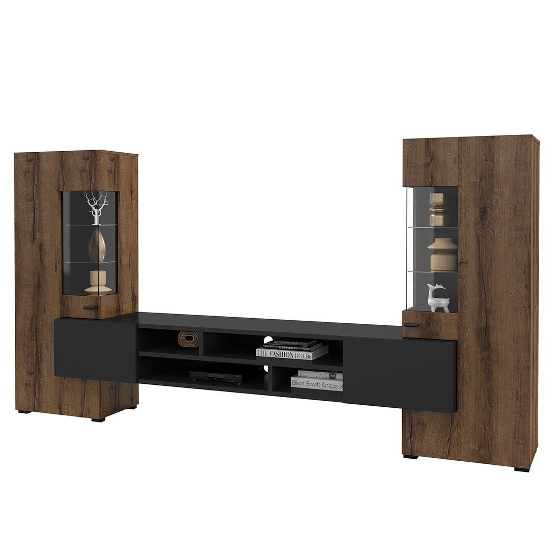 Set di 3 mobili da soggiorno collezione KOBEE. Colore quercia scura e nero.