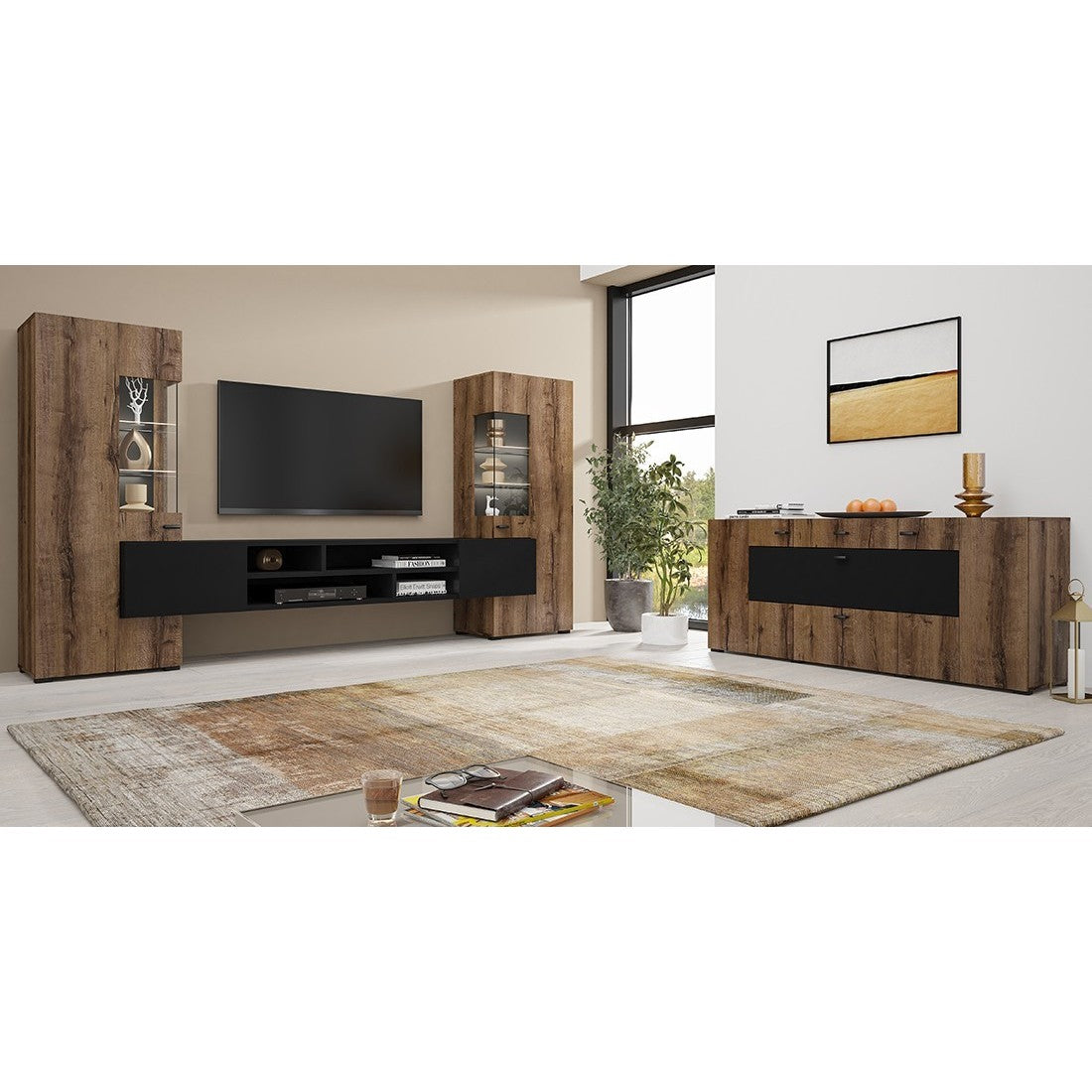 Set di 3 mobili da soggiorno collezione KOBEE. Colore quercia scura e nero.