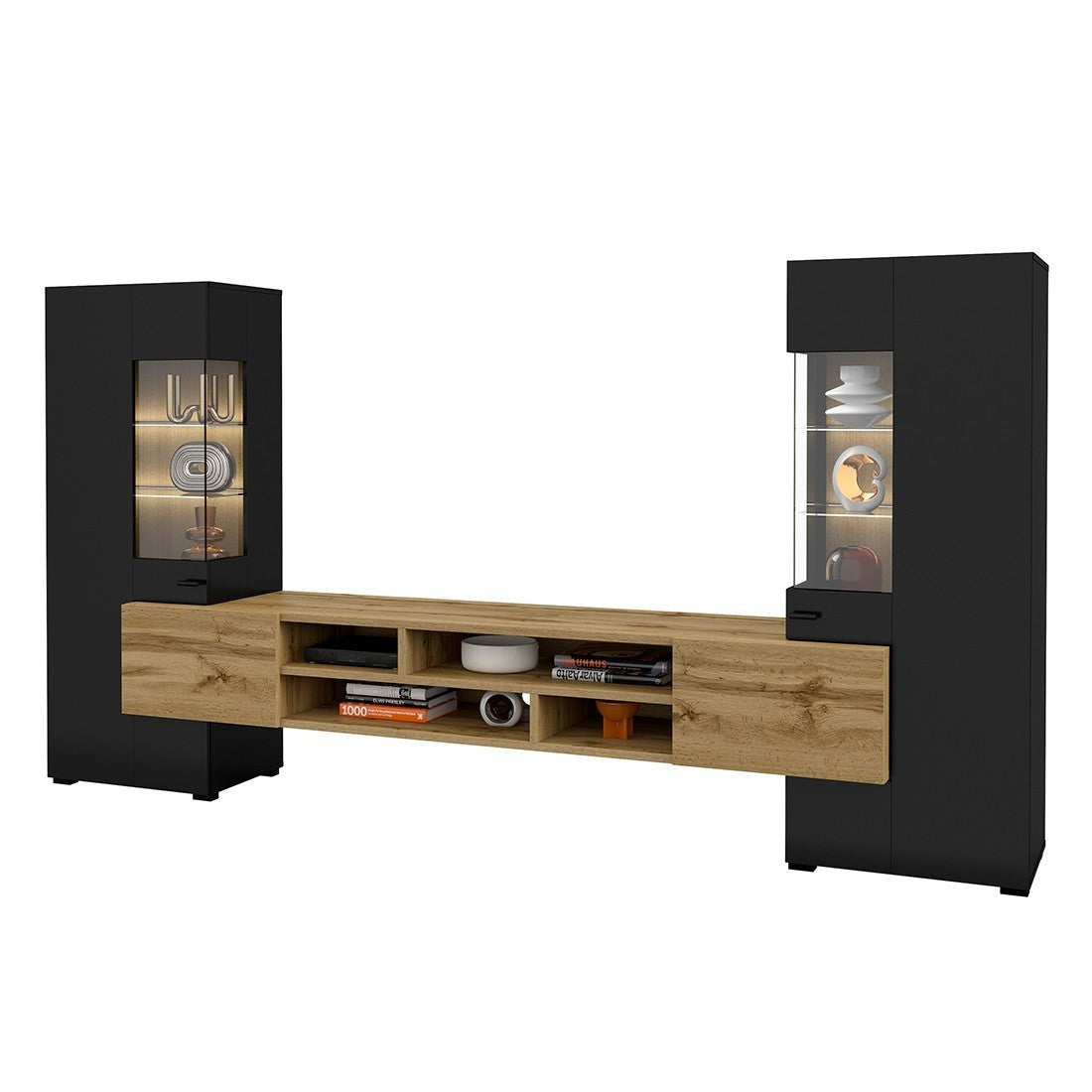 Set di 3 mobili da salotto collezione KOBEE. Colore nero e quercia.