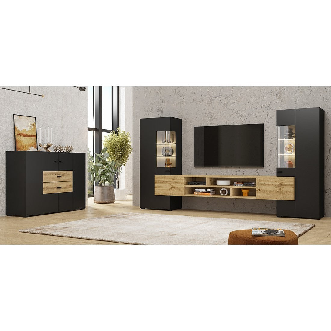 Set di 3 mobili da salotto collezione KOBEE. Colore nero e quercia.