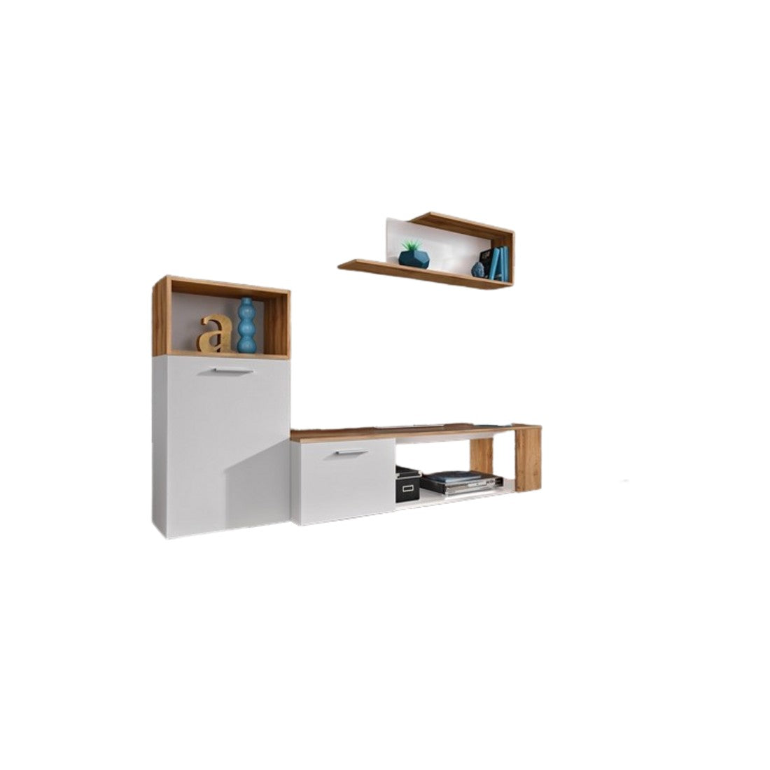 Set di 3 mobili design per il tuo soggiorno, collezione MOZES. Colori bianco e rovere.