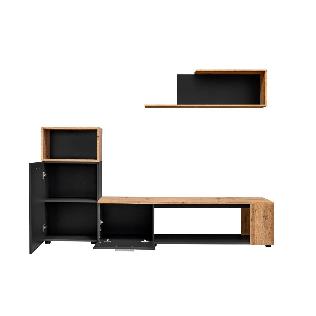 Set di 3 mobili design per il tuo soggiorno collezione MOZES. Colori nero e rovere.