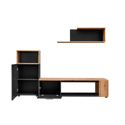 Set di 3 mobili design per il tuo soggiorno collezione MOZES. Colori nero e rovere.