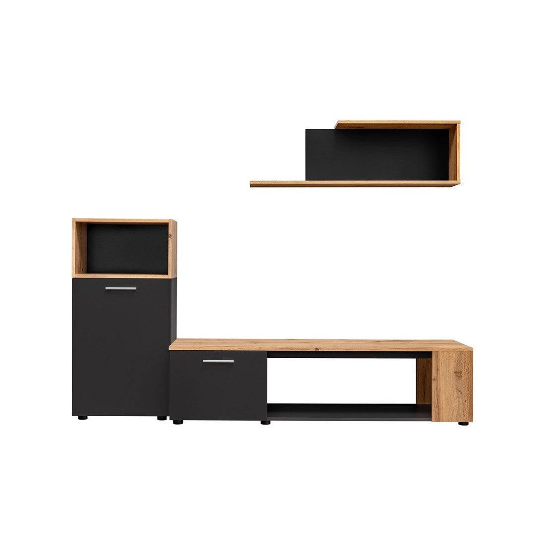 Set di 3 mobili design per il tuo soggiorno collezione MOZES. Colori nero e rovere.