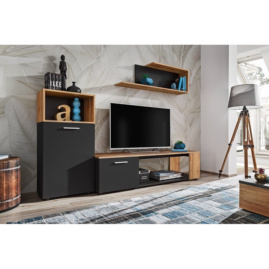 Set di 3 mobili design per il tuo soggiorno collezione MOZES. Colori nero e rovere.