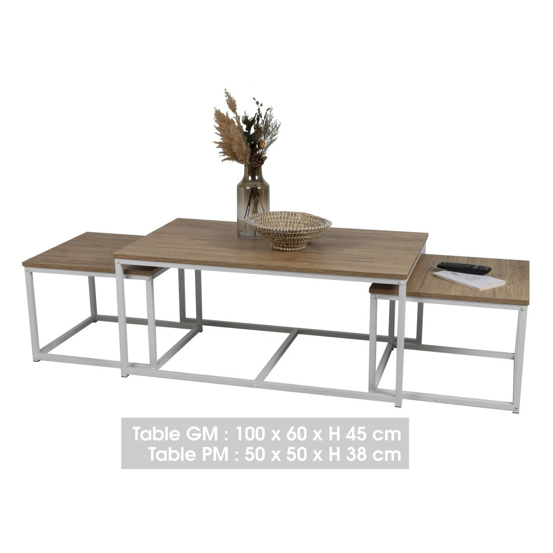 Set di 3 tavolini quadrati impilabili collezione PUEBLO – Stile industriale colore quercia e bianco