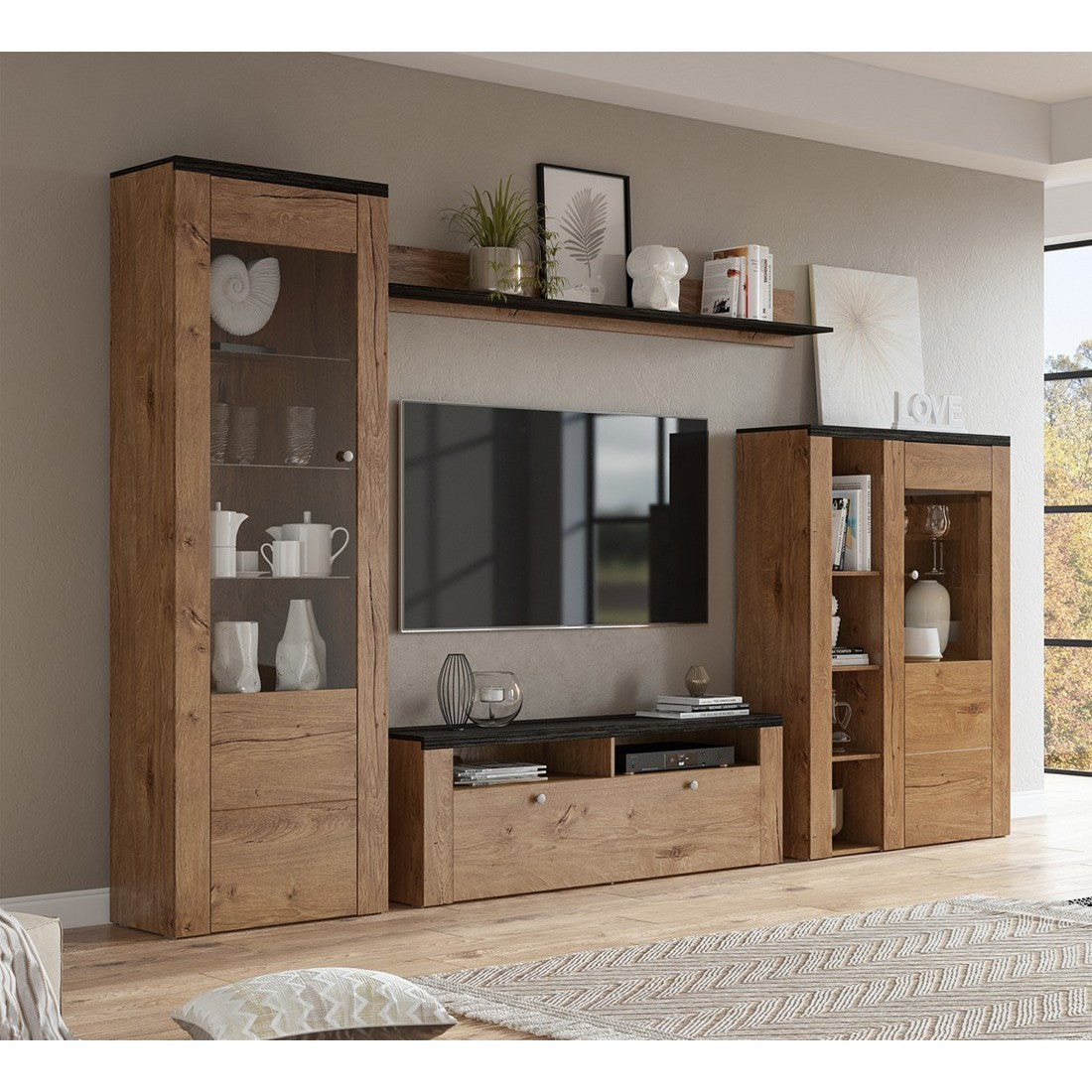 Set di 4 mobili da soggiorno collezione SANTIAGO. Colori rovere e nero effetto legno.