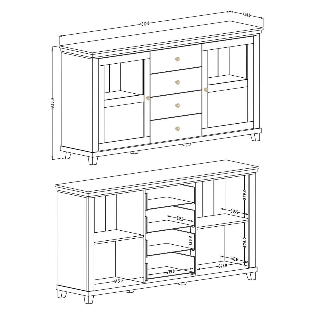 Set di 4 mobili per sala da pranzo color verde e rovere. Collezione ASSIA