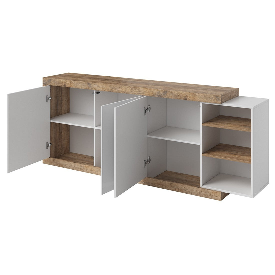 Set di 5 mobili da salotto collezione SINATRA. Colore quercia e bianco lucido.