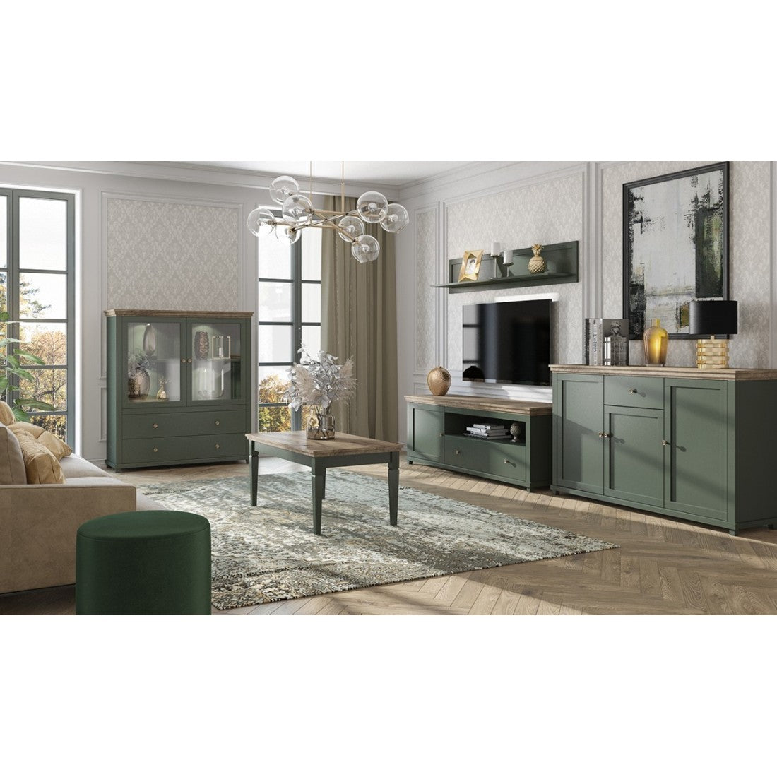 Set di 5 mobili per il tuo soggiorno in color verde e rovere. Collezione ASSIA.