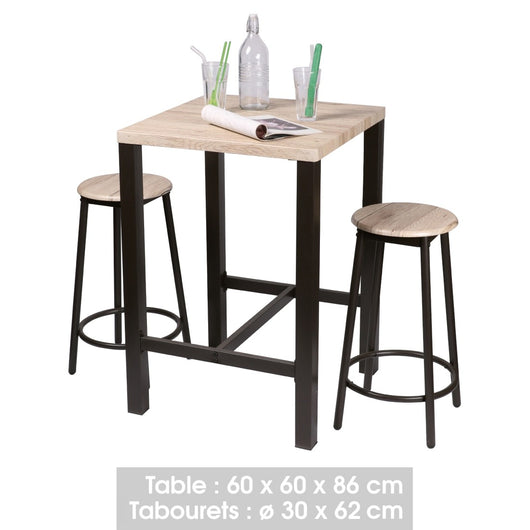 Set da bar quadrato e 2 sgabelli collezione DARYL – Struttura in metallo nero e piano in MDF colore legno