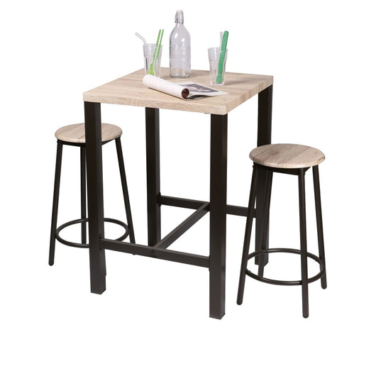 Set da bar quadrato e 2 sgabelli collezione DARYL – Struttura in metallo nero e piano in MDF colore legno