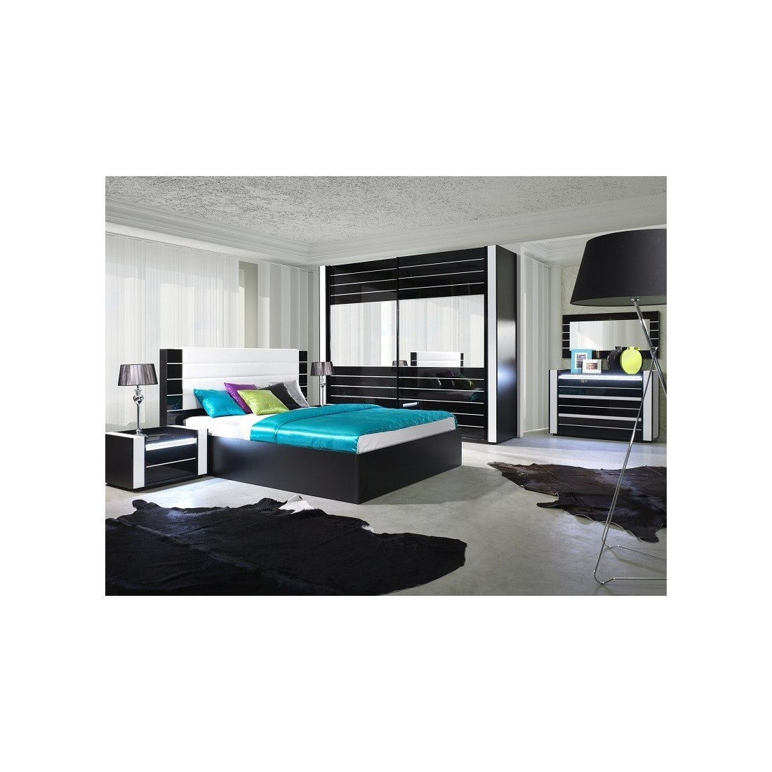 Set da camera da letto LINA nero con letto, cassettiera e comodini