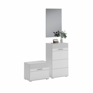 Set di mobili per ingresso: Specchio + mobile per scarpe + mobiletto – Bianco lucido – KLEANKIN