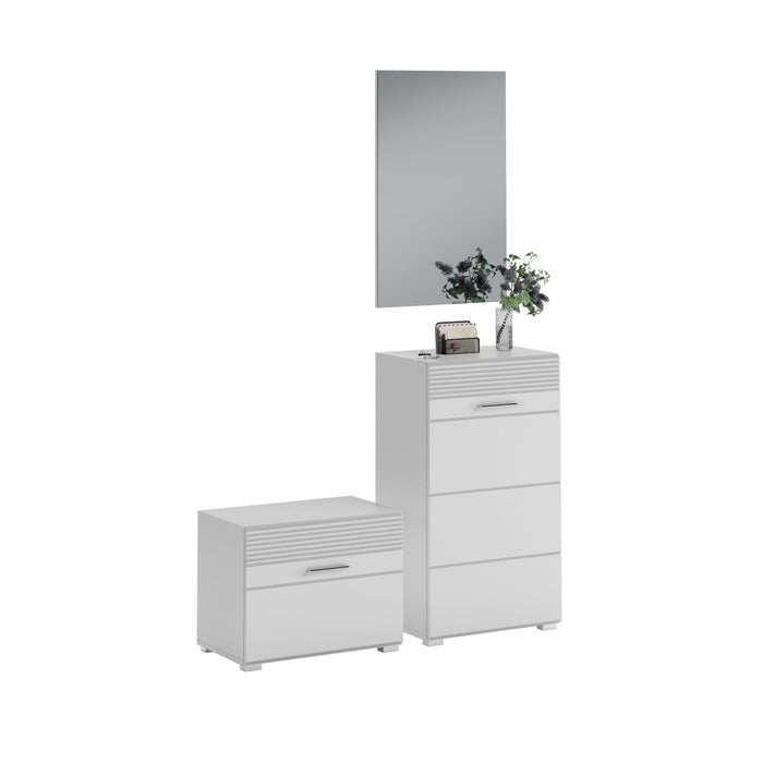 Set di mobili per ingresso: Specchio + mobile per scarpe + mobiletto – Bianco lucido – KLEANKIN