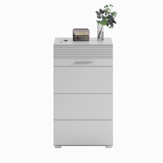 Set di mobili per ingresso: Specchio + mobile per scarpe + appendiabiti + mobiletto – Bianco lucido – KLEANKIN