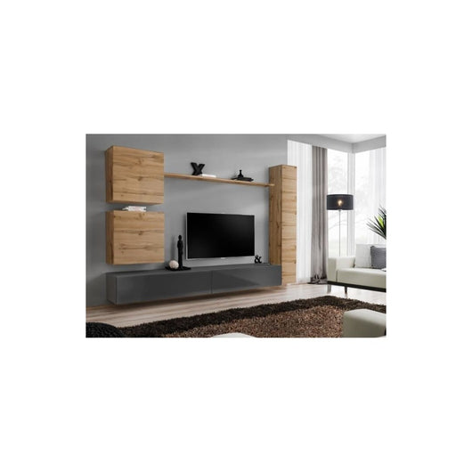 Set di mobili da soggiorno, SWITCH VIII. Mobile TV da parete di design, colore grigio lucido e quercia Wotan.