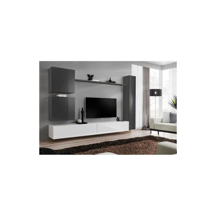 Set di mobili da parete per soggiorno SWITCH VIII. Mobile TV da parete design, colore bianco e grigio lucido.