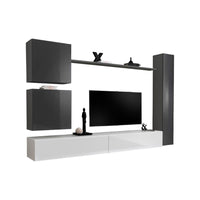 Set di mobili da parete per soggiorno SWITCH VIII. Mobile TV da parete design, colore bianco e grigio lucido.