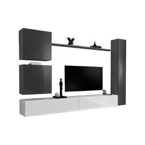 Set di mobili da parete per soggiorno SWITCH VIII. Mobile TV da parete design, colore bianco e grigio lucido.