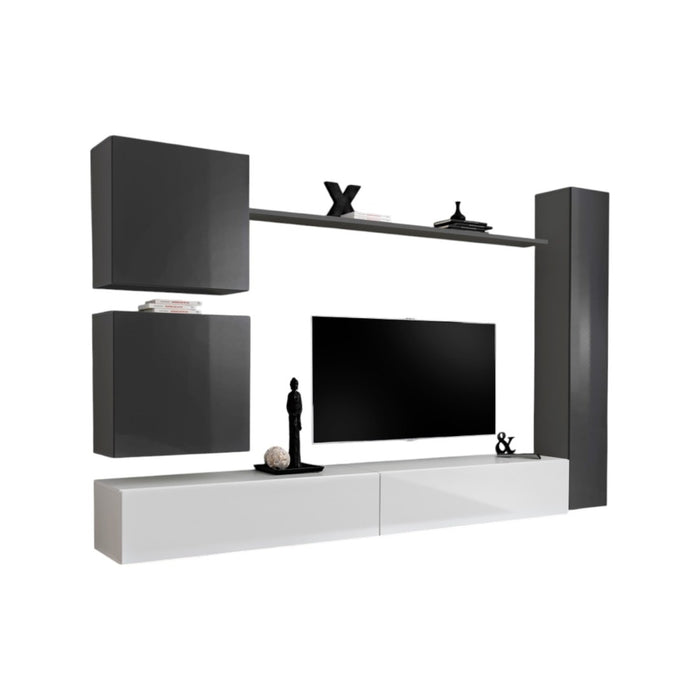 Set di mobili da parete per soggiorno SWITCH VIII. Mobile TV da parete design, colore bianco e grigio lucido.