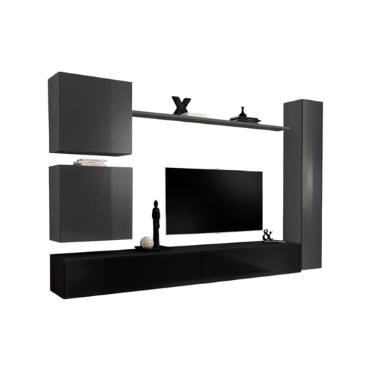 Set di mobili da parete per soggiorno SWITCH VIII. Mobile porta TV da parete di design, colori nero e grigio lucido.