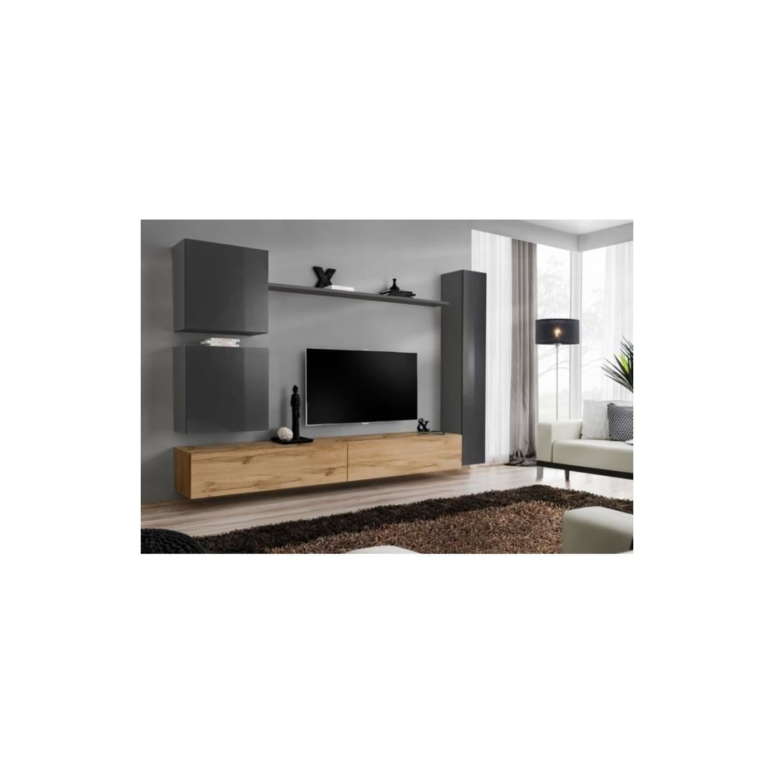 Set di mobili per il tuo soggiorno SWITCH VIII. Mobile TV da parete di design, colore rovere Wotan e grigio lucido.
