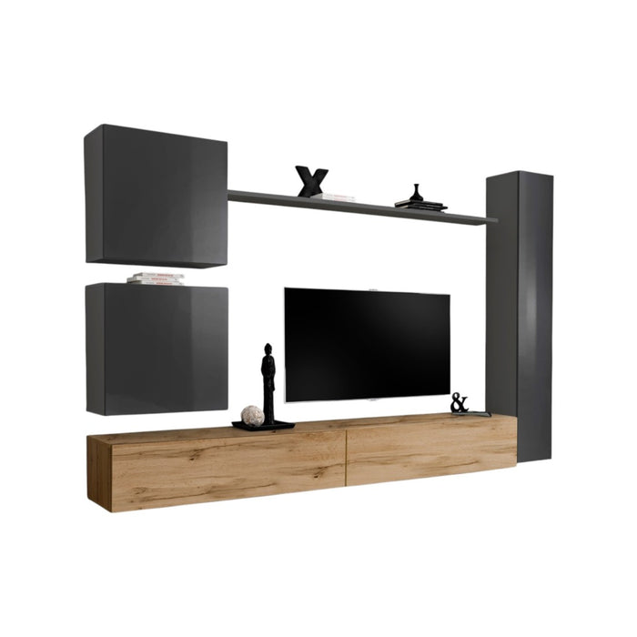 Set di mobili per il tuo soggiorno SWITCH VIII. Mobile TV da parete di design, colore rovere Wotan e grigio lucido.