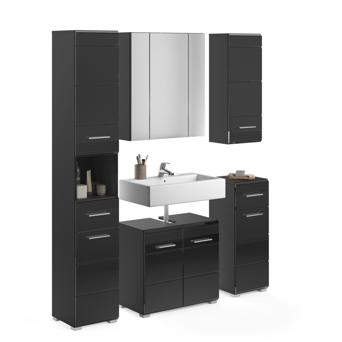 Set di mobili da bagno: Mobile sotto lavabo + Colonna da bagno + 2 mezze colonne + mobile contenitore con