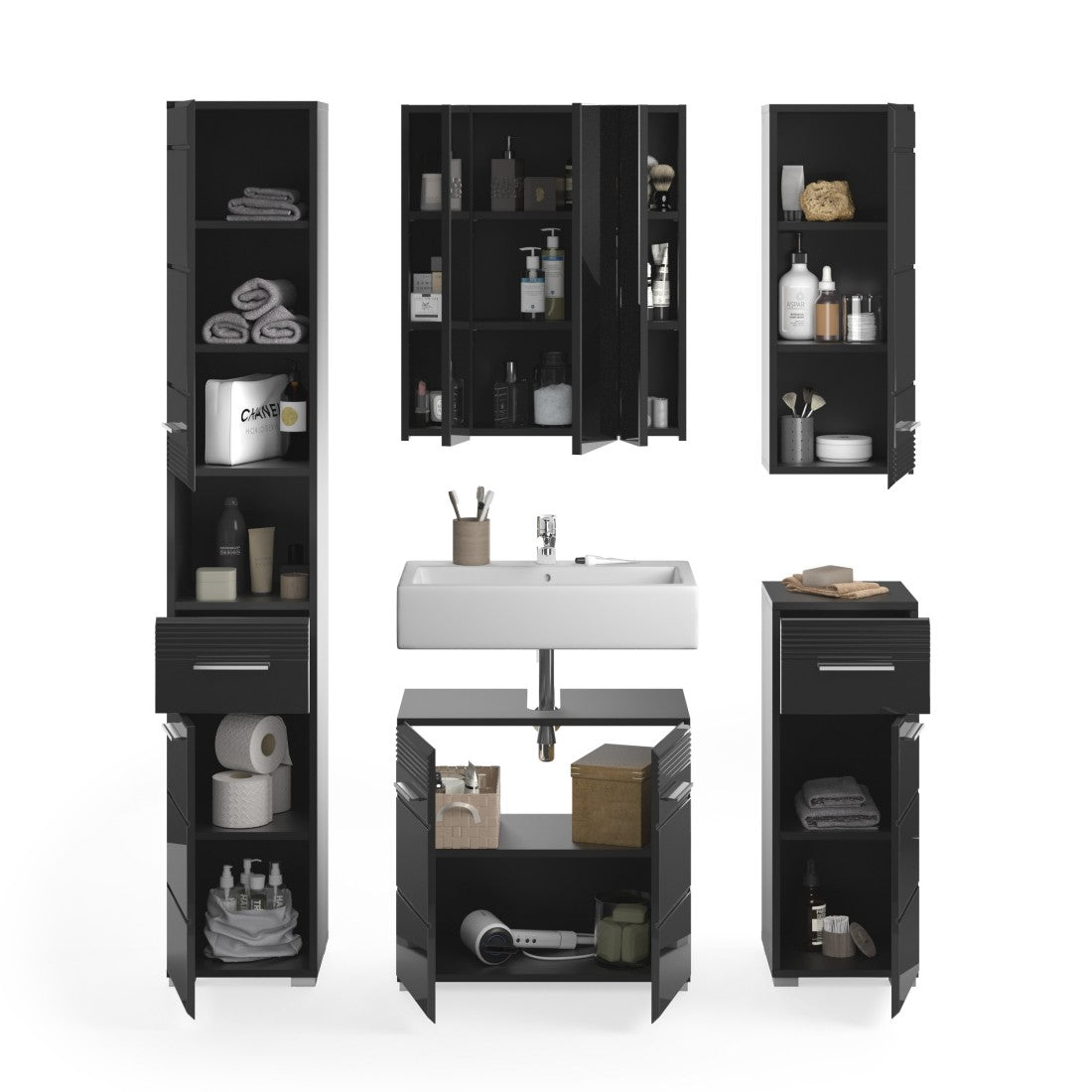 Set di mobili da bagno: Mobile sotto lavabo + Colonna da bagno + 2 mezze colonne + mobile contenitore con