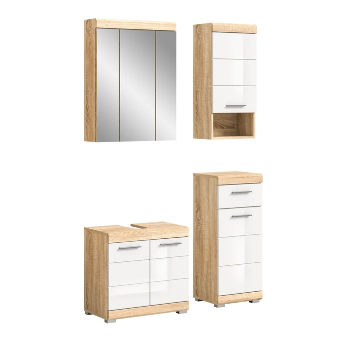 Set di mobili da bagno RIDLEY – Mobile sotto lavabo, armadietto con specchio, 2 mezze colonne – Bianco e rovere chiaro
