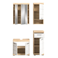 Set di mobili da bagno RIDLEY – Mobile sotto lavabo, armadietto con specchio, 2 mezze colonne – Bianco e rovere chiaro