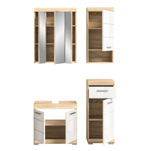 Set di mobili da bagno RIDLEY – Mobile sotto lavabo, armadietto con specchio, 2 mezze colonne – Bianco e rovere chiaro